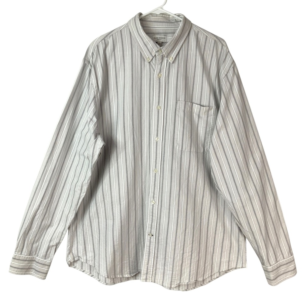 Club Monaco Slim Fit Grey White Striped Button Down Shirt XXL Long Sleeve Pocket